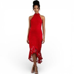 Lady in Red🎶 Lace Mermaid Profile Halter Neck Party Dress